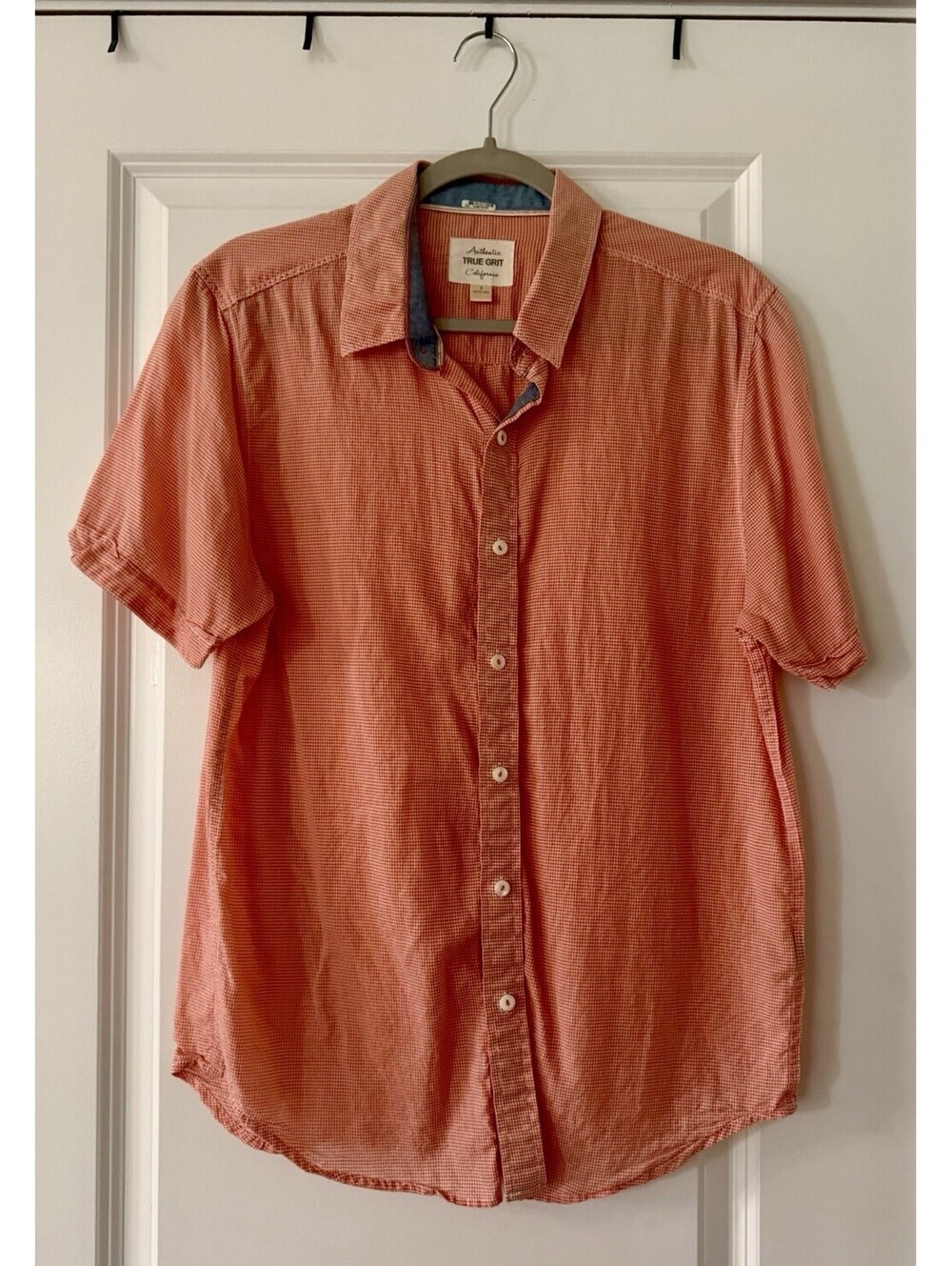 True Grit Button Up Shirt | Short Sleeve Orange Checkered | Size S